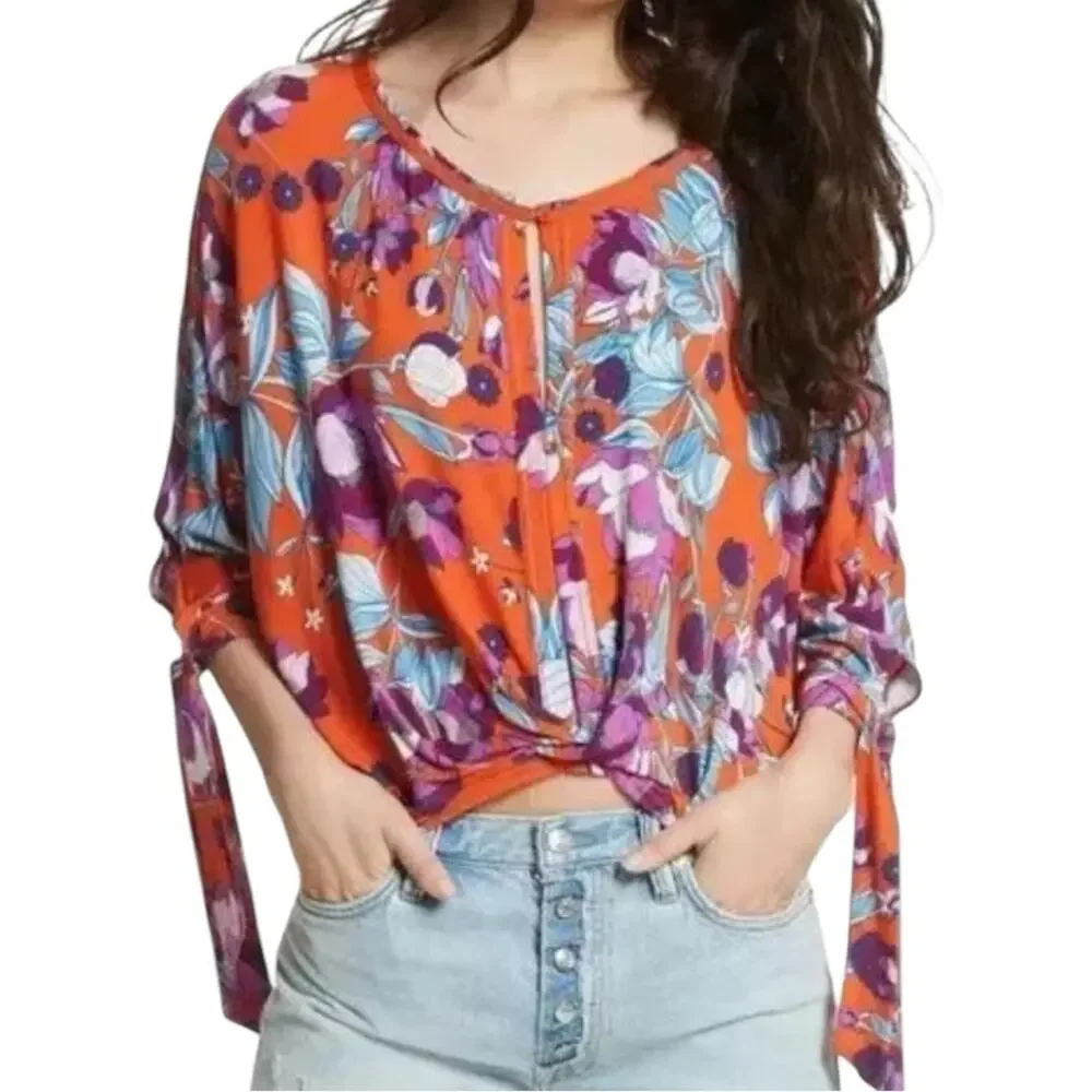 Free People Red Purple Floral Tropical Keepin' On T-shirt NWT XS